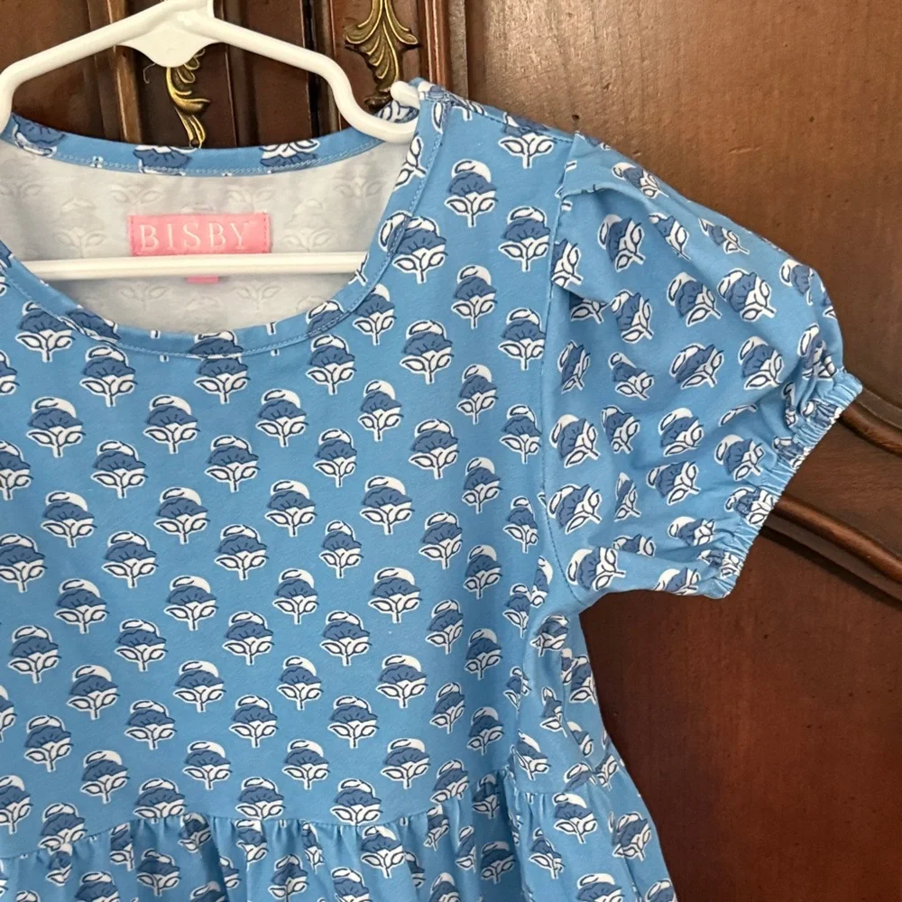 BISBY Girls Blue Print Dress Size 5 Puff Sleeve Cotton Boutique Dress